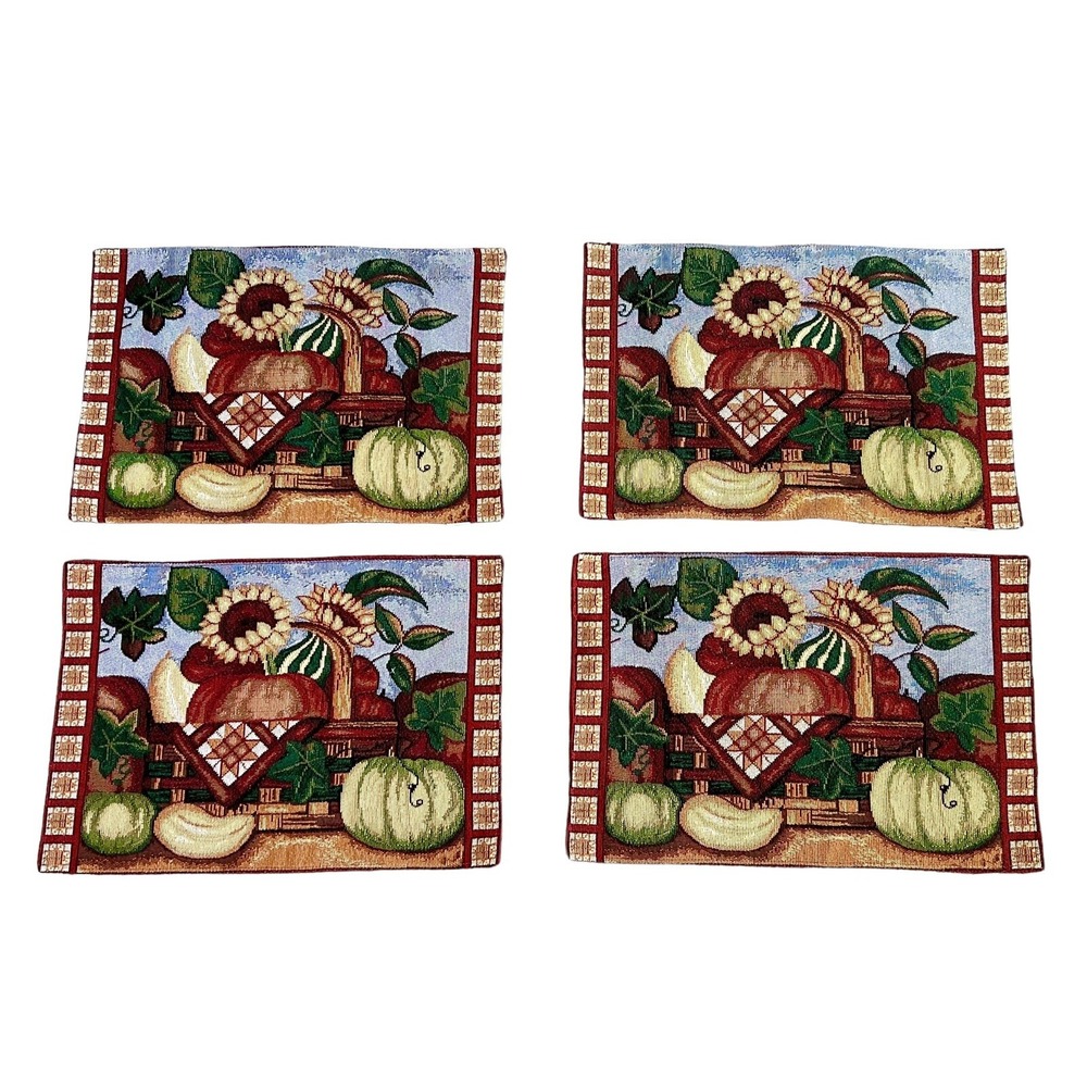 Woven Tapestry Placemats Fall Autumn Farm Harvest‎ Sunflowers Set Of 4